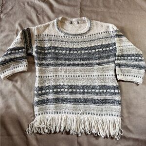 Women’s Cream and Gray Striped Fringe Sweater